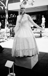 The Rundle Mall bride, ah, doing the busker-statue thing properly.